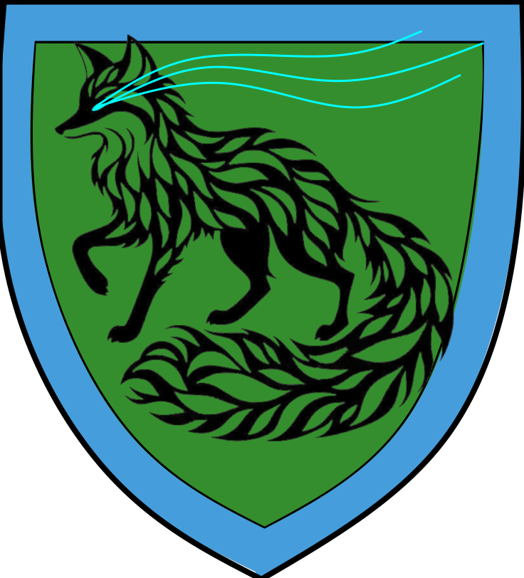 Blason de Ser Austrifiad Noxred, un renard noir sur fond vert bordé de bleu avec trois traces azur au-dessus